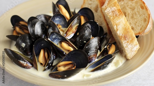Plate of moules marinires mussel cooked white wine garlic cream served crusty bread