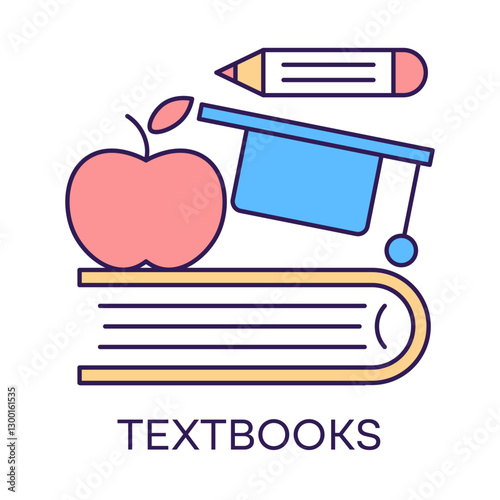 Textbooks – Stack of Books with an Apple Representing Academic Learning with Editable Stroke