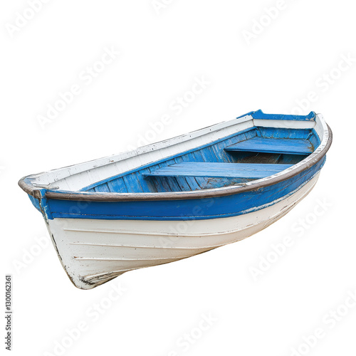 Old wooden rowboat with blue and white paint isolated on white background