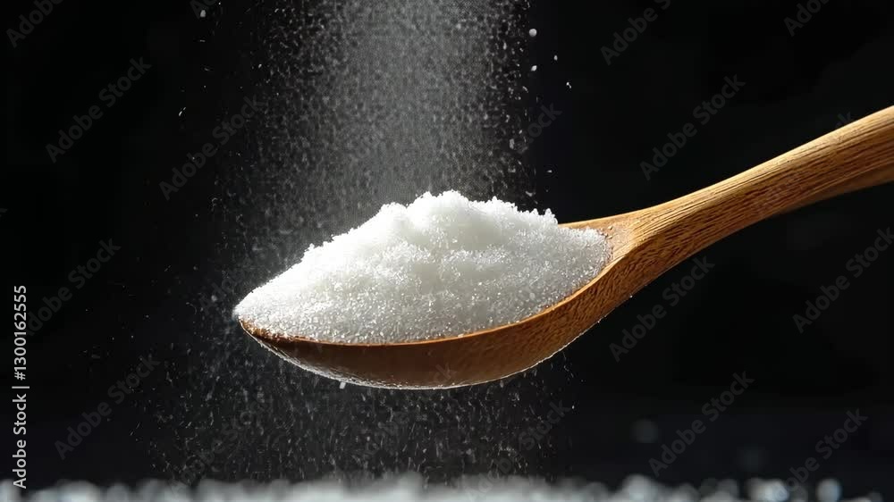 Spoonful of salt is being poured into the air. The salt is white and the spoon is wooden