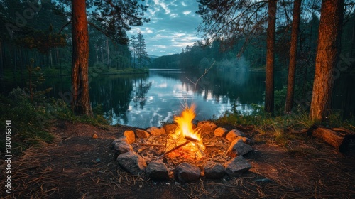 Lakeside campfire at twilight, forest background