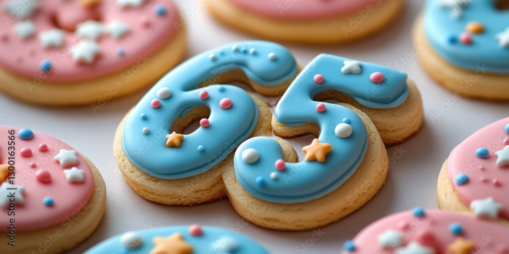 Decoratively frosted cookies designed for a 65th birthday party celebration with colorful themes and playful decorations Decoratively frosted cookies designed for a 65th birthday party celebration with colorful themes and playful decorations