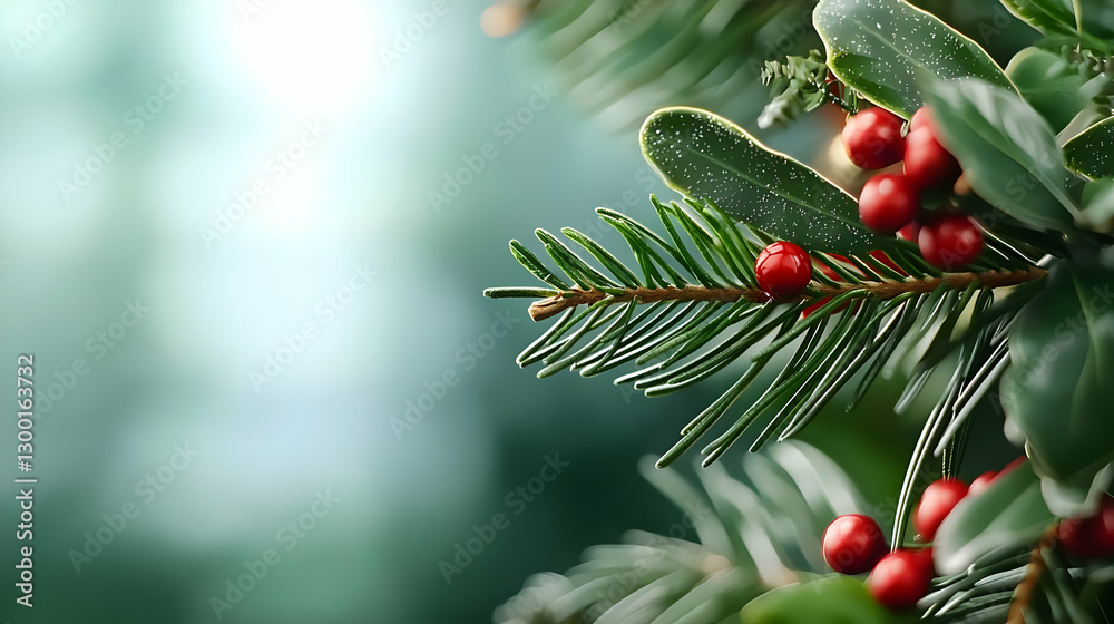 Obraz premium Festive Christmas Arrangement Of Holly Berries And Evergreen Branches With Green And Red Colors