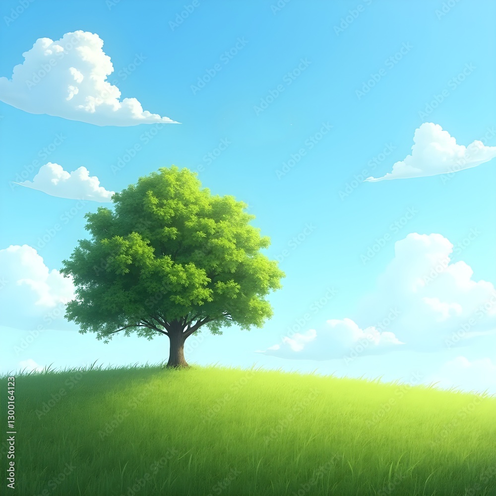 Obraz premium Lone tree on the left side of a vast green grass field under a bright blue sky with white clouds
