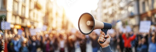 Person Holding Megaphone Addressing a Large Crowd During a City Protest