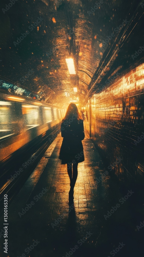 Mystical silhouette of a woman walking through a dimly lit underground tunnel at night Mystical silhouette of a woman walking through a dimly lit underground tunnel at night