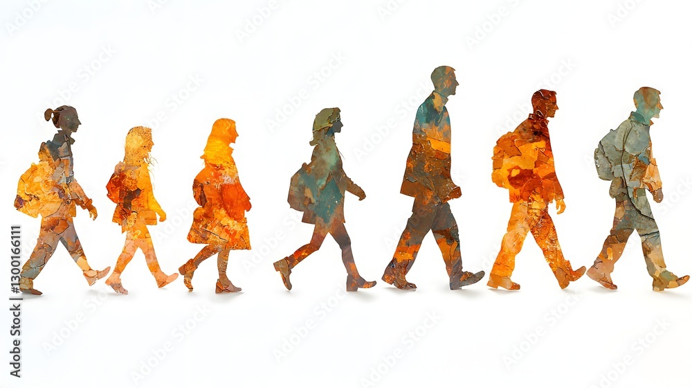 Obraz premium Diverse Group of Silhouetted Figures Walking Together on a Journey