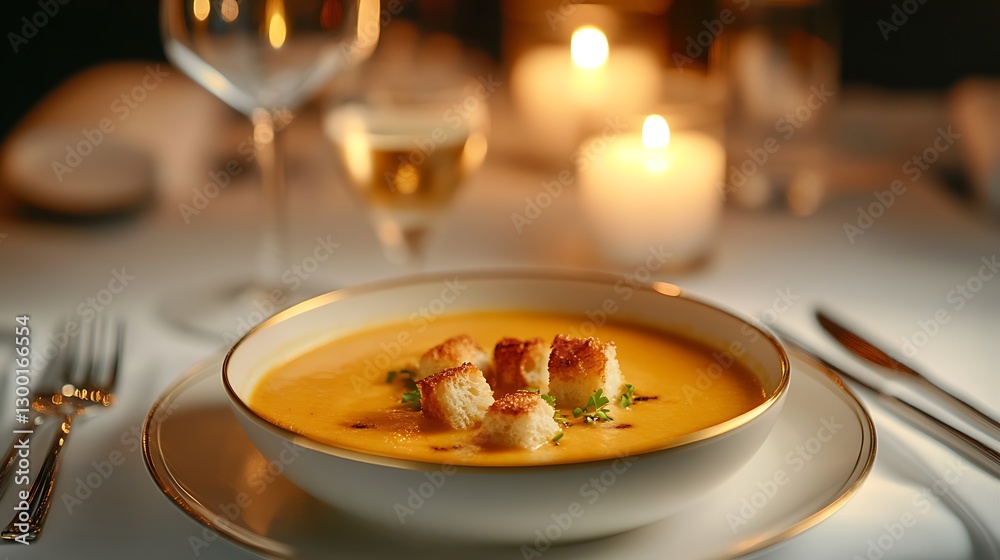 A beautifully plated saffron-infused lobster bisque served in first-class, the deep golden-orange soup rich with flavor, buttered croutons floating delicately on the surface, A beautifully plated saffron-infused lobster bisque served in first-class, the deep golden-orange soup rich with flavor, buttered croutons floating delicately on the surface,