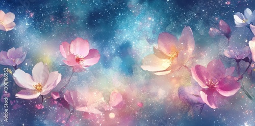 Beautiful watercolor flowers are set against a starry sky background