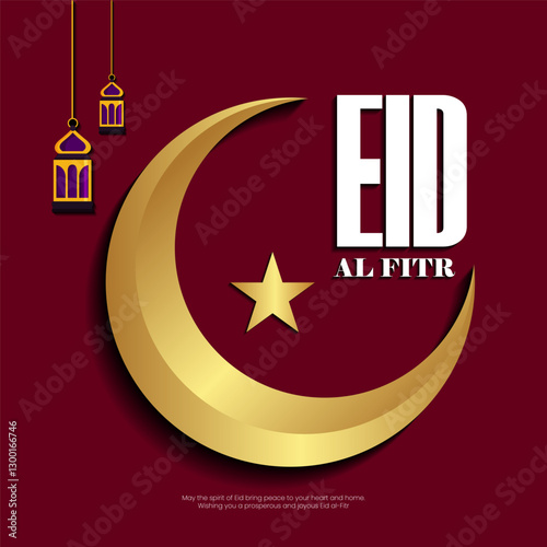  Eid Mubarak  Golden crescent moon star hanging lanterns and Text in bold EID AL FITR on red background
