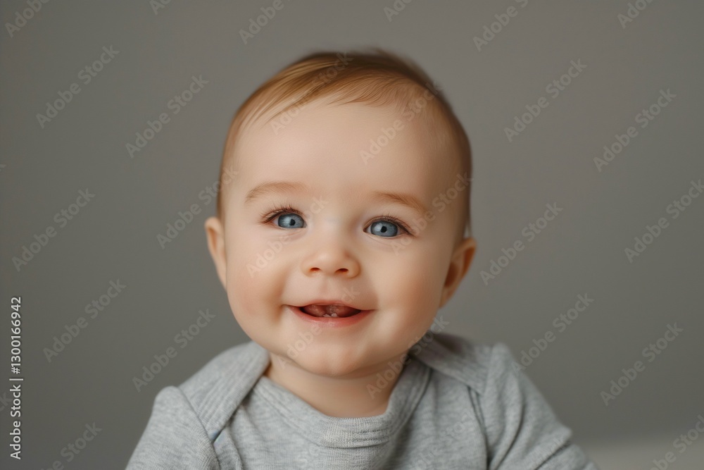 Cheerful Caucasian baby boy with blue eyes and light brown hair smiles brightly against a neutral background. Cheerful Caucasian baby boy with blue eyes and light brown hair smiles brightly against a neutral background.