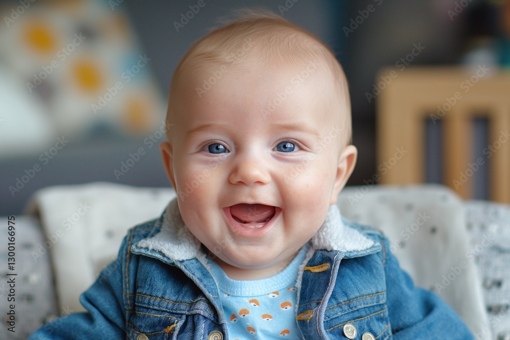 A joyful baby boy with blue eyes and light hair, wearing a denim jacket, happily smiling at the camera. A joyful baby boy with blue eyes and light hair, wearing a denim jacket, happily smiling at the camera.
