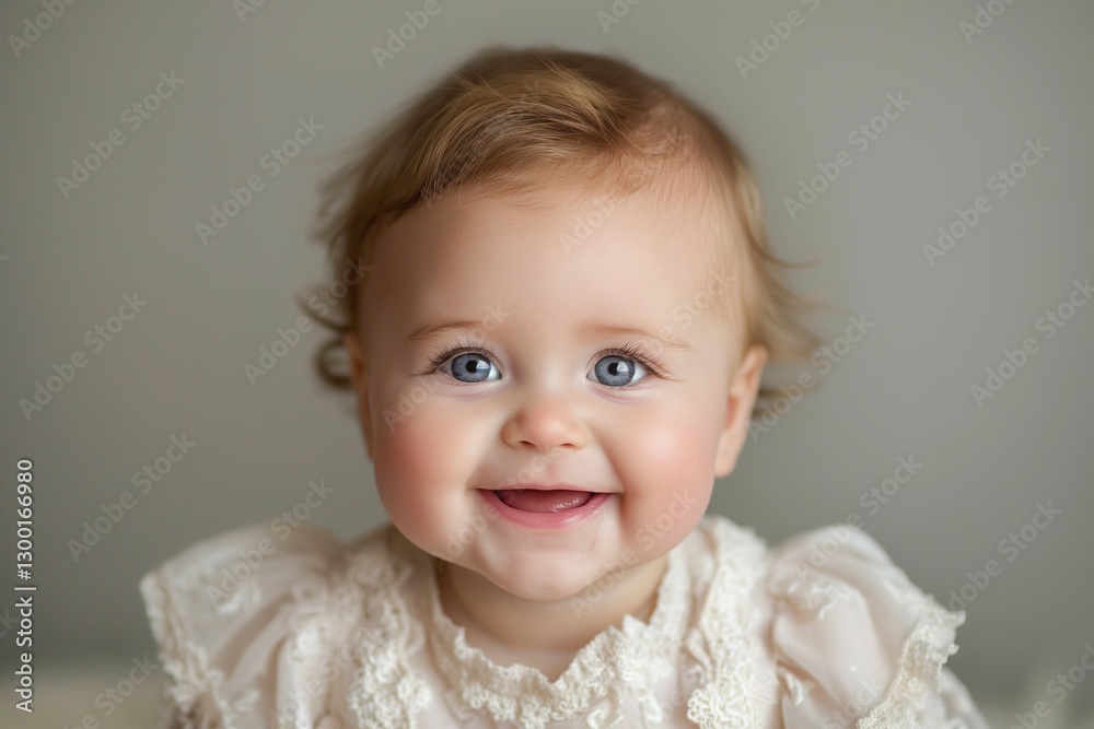 A smiling Caucasian baby girl with curly hair and bright blue eyes, wearing a delicate white dress, radiating joy and innocence. A smiling Caucasian baby girl with curly hair and bright blue eyes, wearing a delicate white dress, radiating joy and innocence.