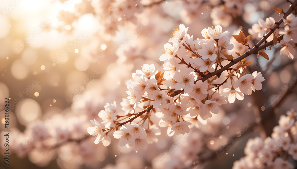 Fototapeta premium Blossoming Cherry Tree Branches Illuminated by Warm Spring Sunlight