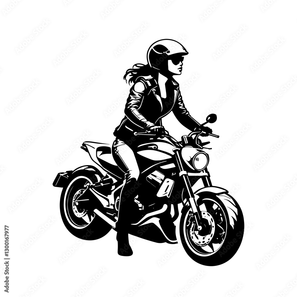 lack and White illustration of a Woman riding a motorcycle on an open road during sunny weather in an urban environment lack and White illustration of a Woman riding a motorcycle on an open road during sunny weather in an urban environment