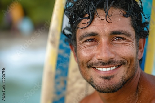 Smiling man with dark hair and tanned skin, showing confidence by the beach with surfboards in the background.