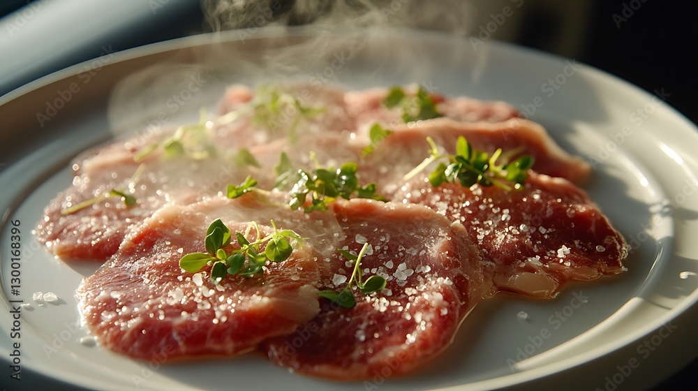 A cinematic close-up of Carpaccio di Manzo being served in a luxurious first-class airplane seat, steam slightly rising from the dish, thin tenderloin slices seasoned with Himalayan salt, A cinematic close-up of Carpaccio di Manzo being served in a luxurious first-class airplane seat, steam slightly rising from the dish, thin tenderloin slices seasoned with Himalayan salt,