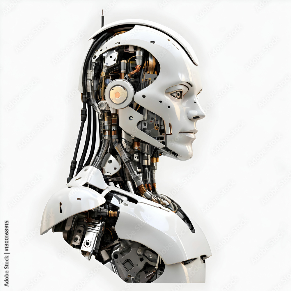 Fototapeta premium AI robot in deep thought, side view, isolated on a transparent background.