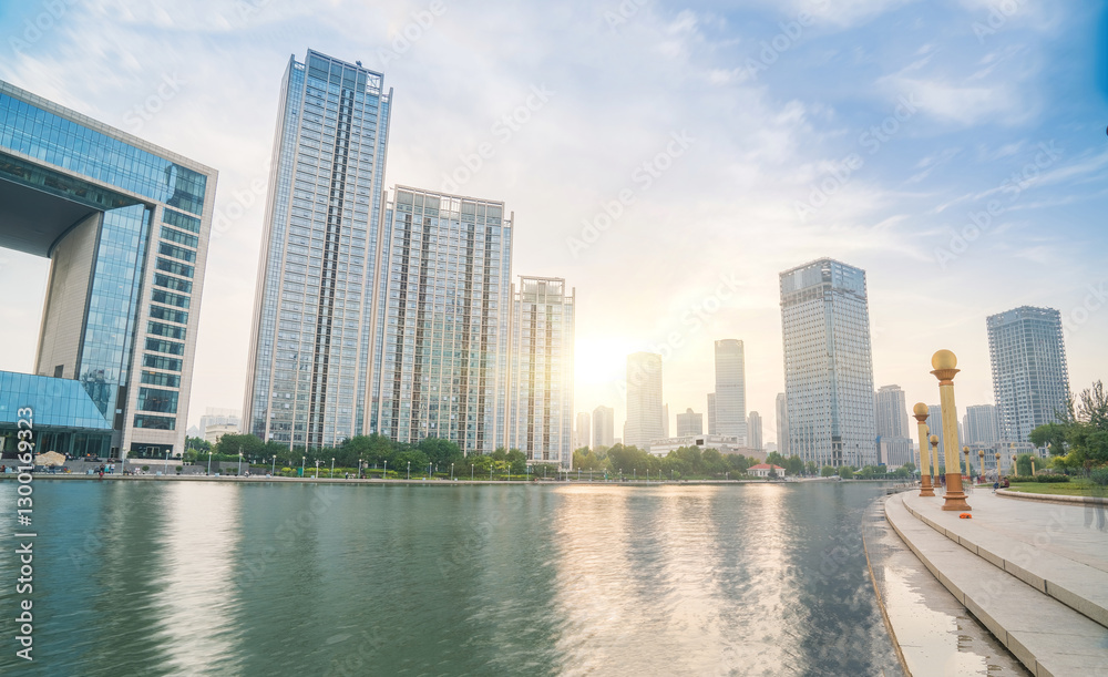 Obraz premium The urban architectural skyline, modern bridges, and Haihe River scenery of Tianjin, China on August 11, 2024