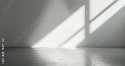 Fototapeta Naklejka Na Ścianę i Meble -  Bright light interior background. White room hall geometrically textured 3D empty wall and smooth floor.