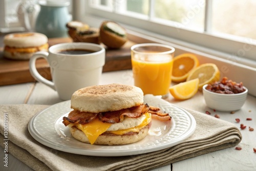  Egg McMuffin Breakfast with a cup of coffee and orange juice in the background
