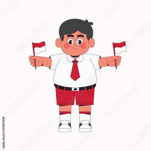 Boy student holding Indonesian flag cartoon character illustration