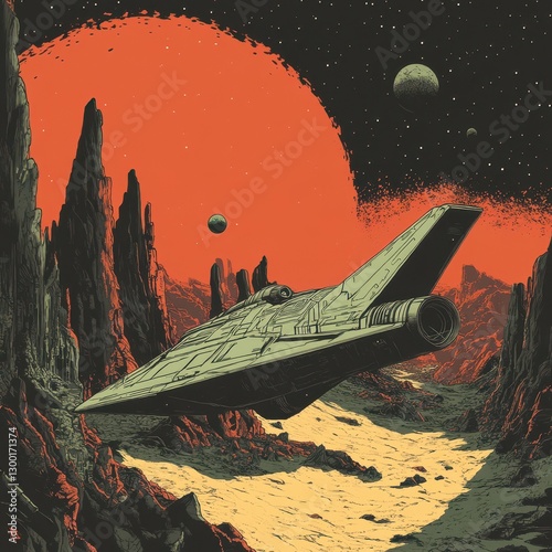A spaceship is flying over an alien planet landscape in space