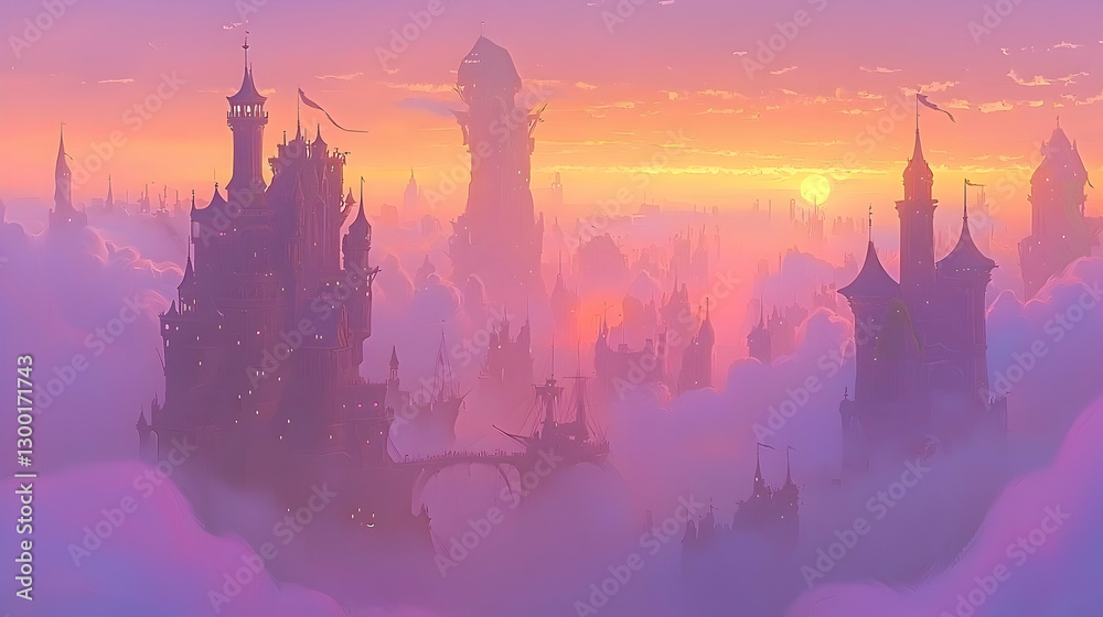 Fototapeta premium Sunset over a fantasy cloud city; aerial view, game background, magical architecture