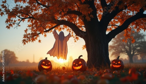Cinematic capture of an enchanting autumn landscape featuring a ghost figure and carved pumpkins at sunset photo