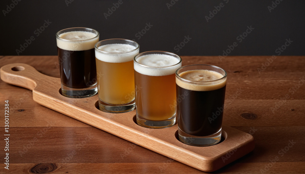 Top-down view of a wooden beer flight paddle with various beer colors, celebrating craft brewing for International Women’s Collaboration Brew Day Top-down view of a wooden beer flight paddle with various beer colors, celebrating craft brewing for International Women’s Collaboration Brew Day
