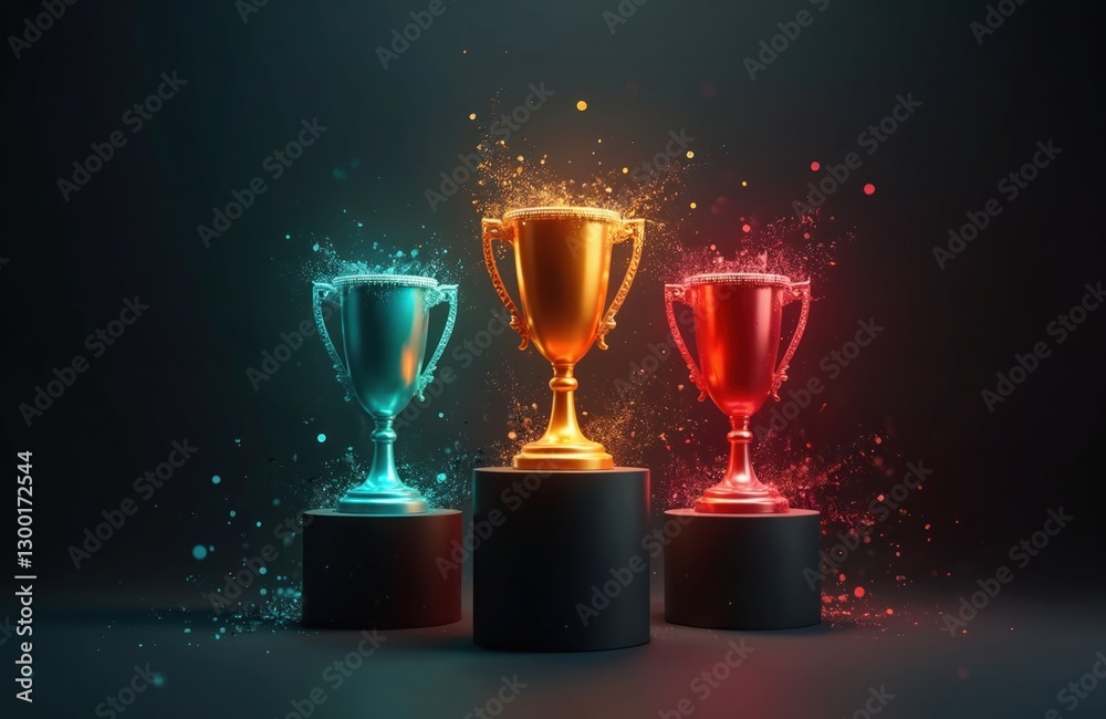 Three glossy cups on stands in red, gold, cyan colors. Colorful award trophies with shiny glitter effect on black background. Symbolize success, victory, competition, accomplishment in sport, Three glossy cups on stands in red, gold, cyan colors. Colorful award trophies with shiny glitter effect on black background. Symbolize success, victory, competition, accomplishment in sport,