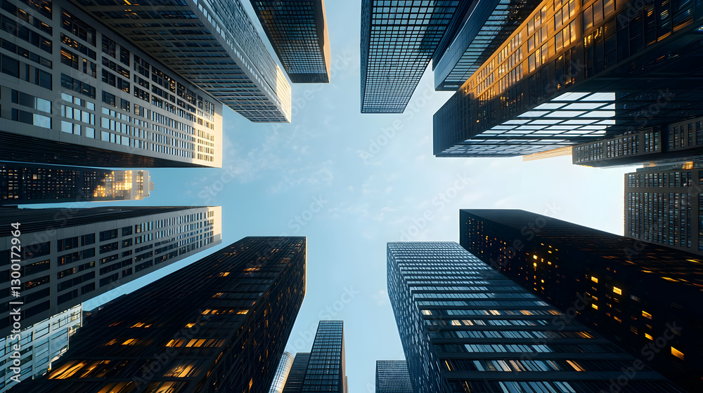 Pixelated Cityscape Of Skyscrapers Reaching Towards A Clear Blue Sky