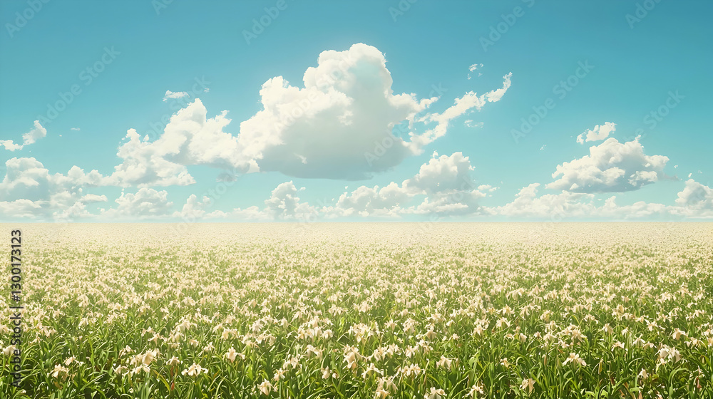 Sunny day, vast white flower field, fluffy clouds, idyllic landscape, perfect for travel brochures
