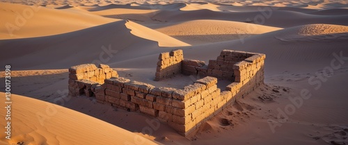 Weathered stone ruins in desert reveal tales of a bygone civilization amidst sand dunes. photo