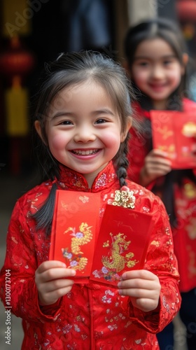 Children hold red envelopes and smile brightly during Chinese New Year festivities. Vertical.