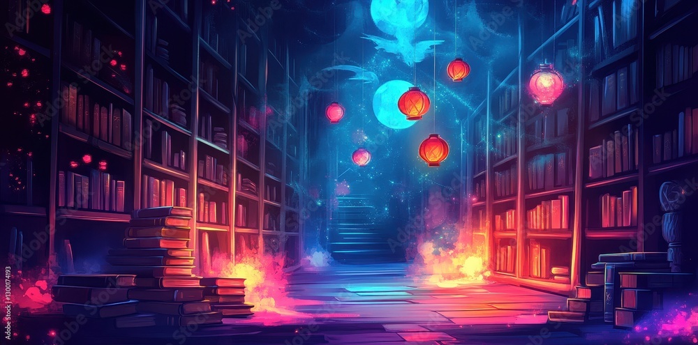 A mystical library with glowing lanterns and celestial elements depicted