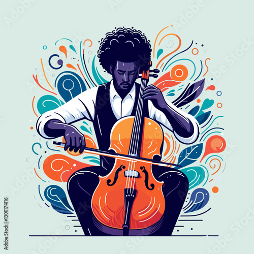 Vector illustration of a musician playing cello with vibrant artistic swirls around him for classical and creative music concepts