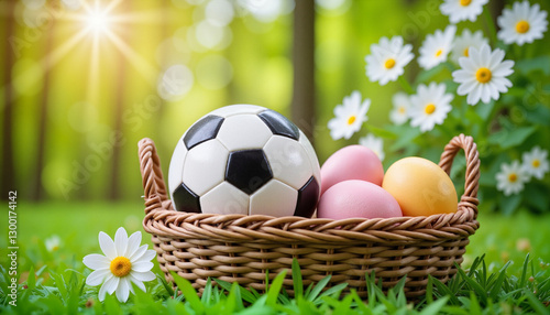 Easter basket filled with pastel eggs and a soccer ball, vibrant spring lawn setting