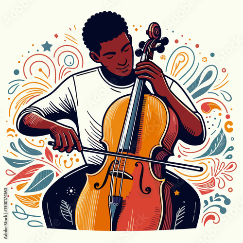 Vector illustration of a young man playing cello surrounded by colorful artistic swirls for music and creativity concepts