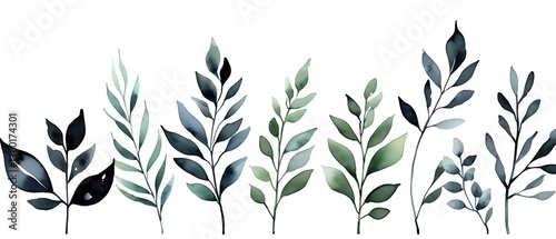 Watercolor Painted Leaves Border with Green and Blue Tones on White