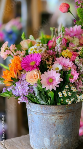 Obraz na płótnie Freshly cut spring flowers are arranged in a rustic bucket at a market stall. Vertical. w salonie