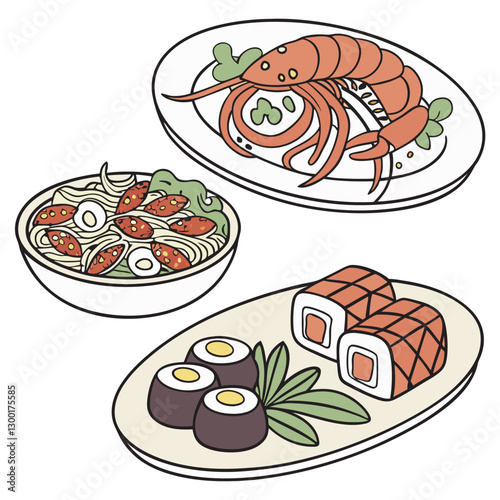 Festive seafood dishes are food cooked in modern delicacies with a presentation on the plate. Delicious dishes: salads and soups of shrimp, crab, mussels, baked fish, rolls, sushi, octopus vector