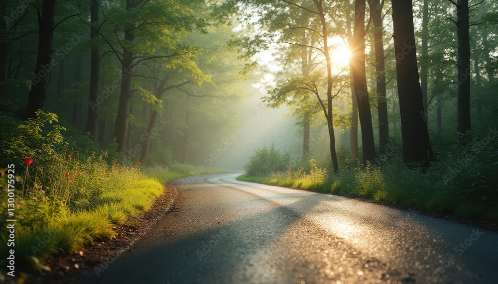 Fototapeta premium Winding road through a misty forest with sunlight filtering through trees at dawn