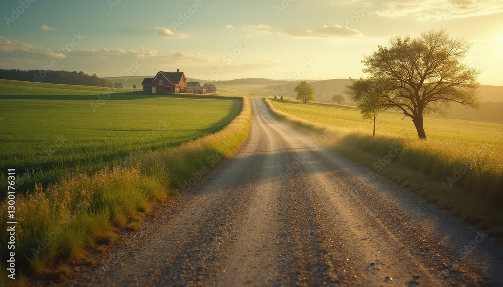 Fototapeta premium Winding gravel road leads to a serene countryside home with lush green fields at sunset