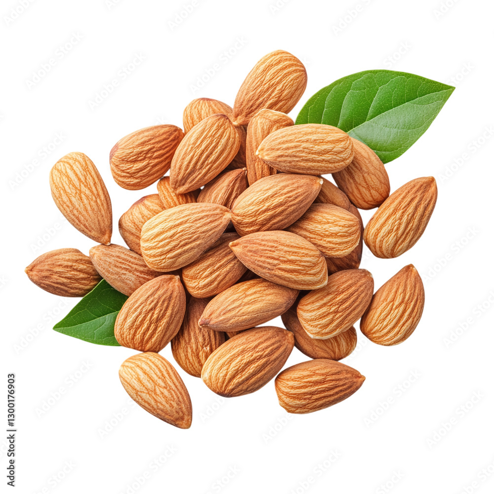 Fresh almonds with green leaf, natural texture and rich brown color, isolated on white background with transparent background option for design flexibilit