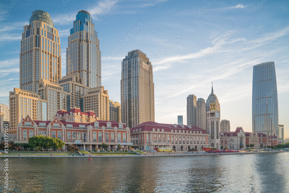 Obraz premium The urban architectural skyline, modern bridges, and Haihe River scenery of Tianjin, China on August 11, 2024