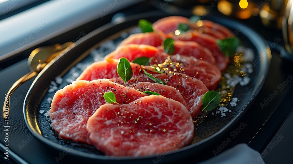 A refined first-class airplane meal showcasing Carpaccio di Manzo, vibrant red beef slices artistically plated on a black ceramic dish, sprinkled with sea salt and cracked pepper, A refined first-class airplane meal showcasing Carpaccio di Manzo, vibrant red beef slices artistically plated on a black ceramic dish, sprinkled with sea salt and cracked pepper,