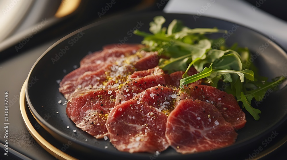 A refined first-class airplane meal showcasing Carpaccio di Manzo, vibrant red beef slices artistically plated on a black ceramic dish, sprinkled with sea salt and cracked pepper, A refined first-class airplane meal showcasing Carpaccio di Manzo, vibrant red beef slices artistically plated on a black ceramic dish, sprinkled with sea salt and cracked pepper,