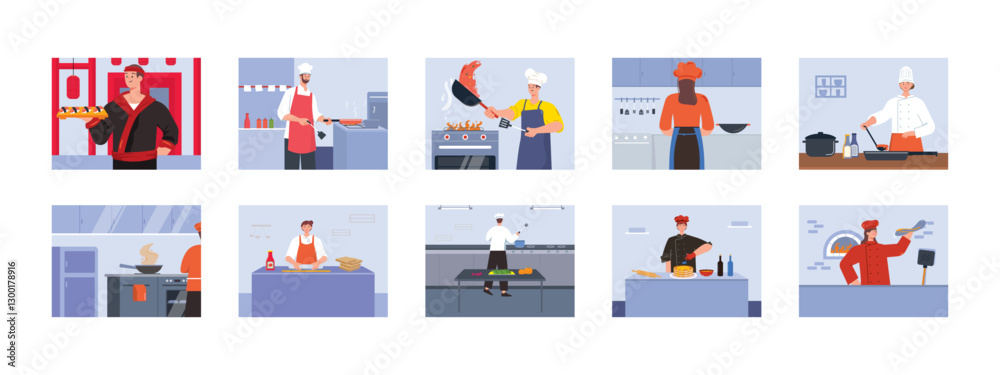 Obraz premium Chef set illustrations. Flat vector illustrations concept.