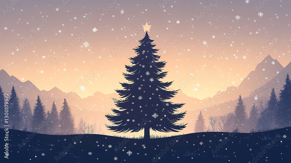 Fototapeta premium Snowfall Over Majestic Pine Tree Silhouetted Against Colorful Winter Sunset